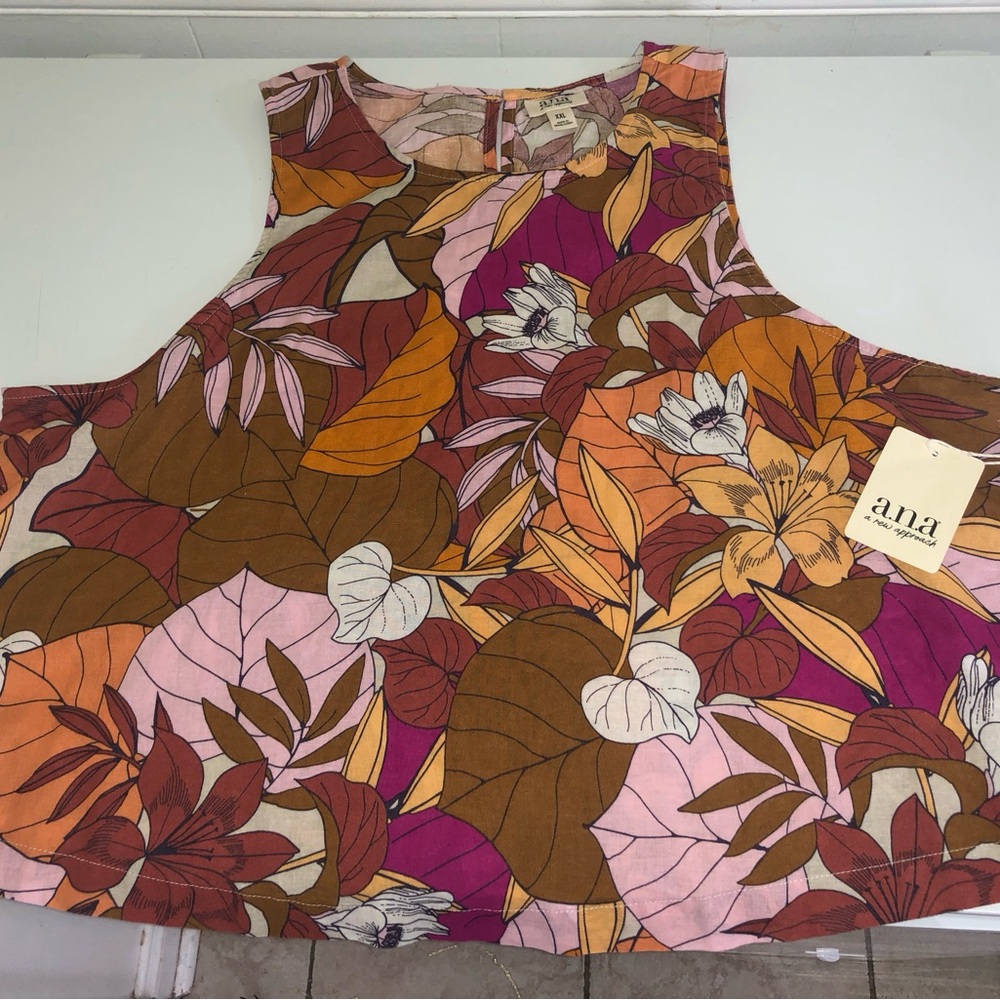 NWT a.n.a Linen Blend Tropical Floral High Neck Tank Top Size Plus XXL